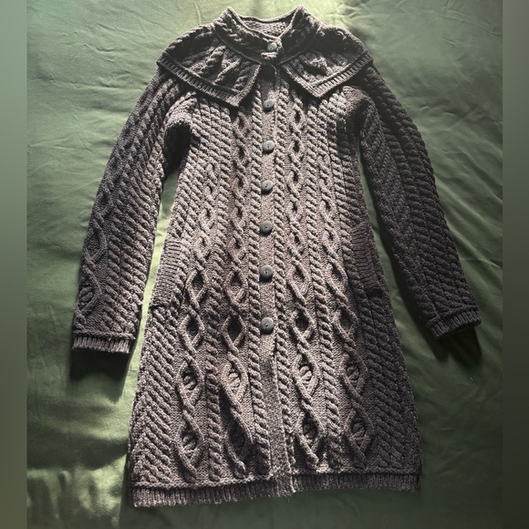 EUC - Aran Crafts 100% Merino Wool Cable Knit Sweater Coat (Charcoal Gray) - Picture 5 of 12